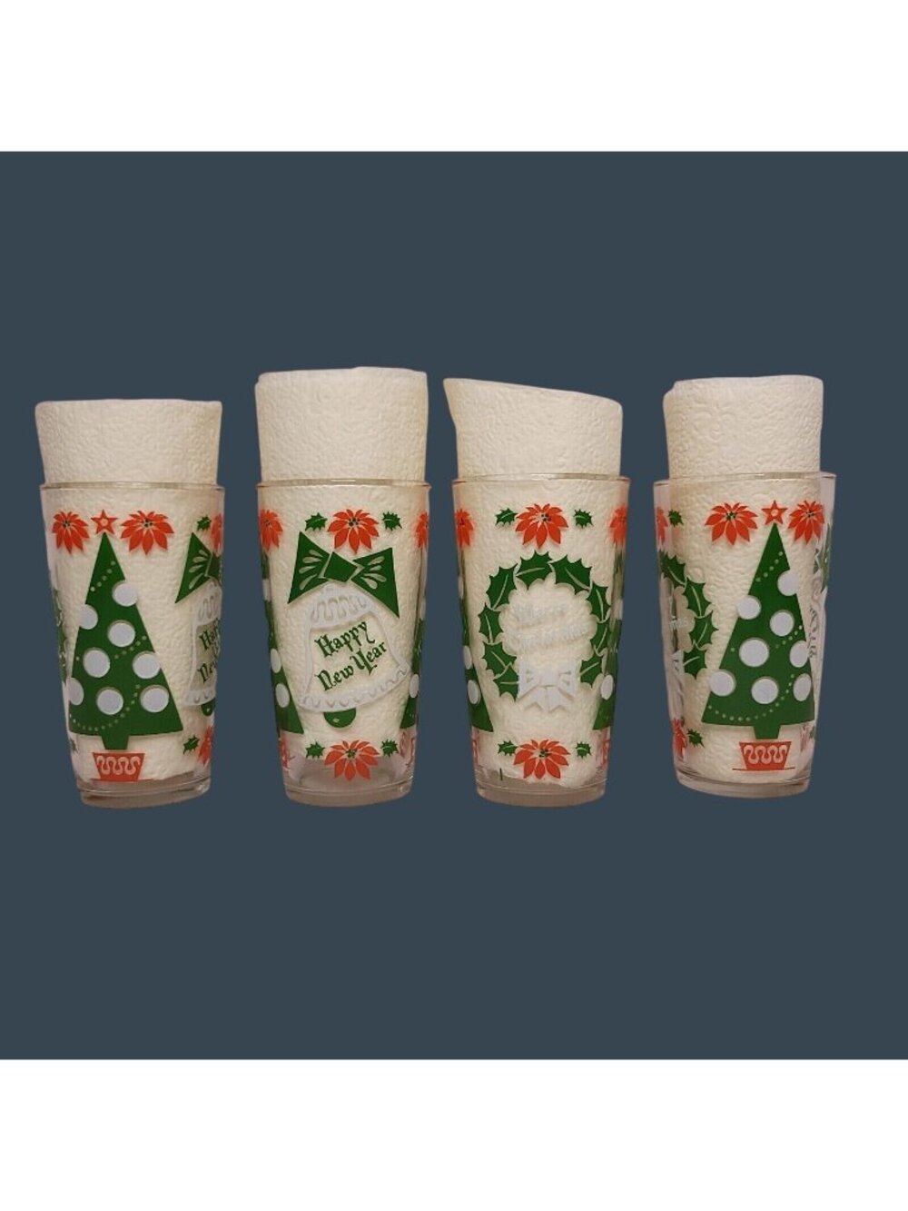 Set Of 4 Vintage Christmas Drinking Glasses With Festive Tree Poinsettia MCM